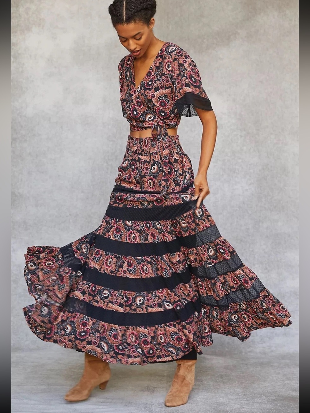 Anthropologie Floral Lace Tiered Maxi Skirt size 6
